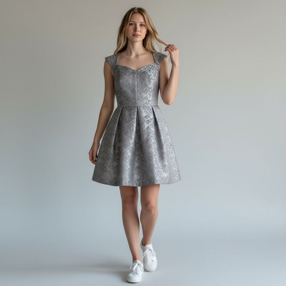 Eric + Lani Silver Floral Sleeveless V-Neck Mini Dress NWT Size XL Shiny